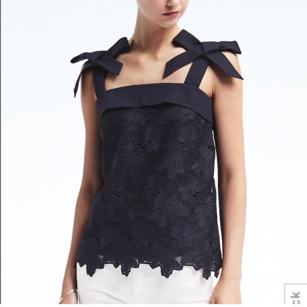 Banana Republic Limited Edition Bow Lace Tank Top Navy Sleeveless Blouse